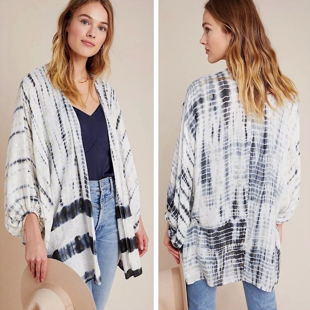 ANTHROPOLOGIE Vada Cocoon Kimono Cardigan Womens OS Shimmer White Tie Dye BOHO